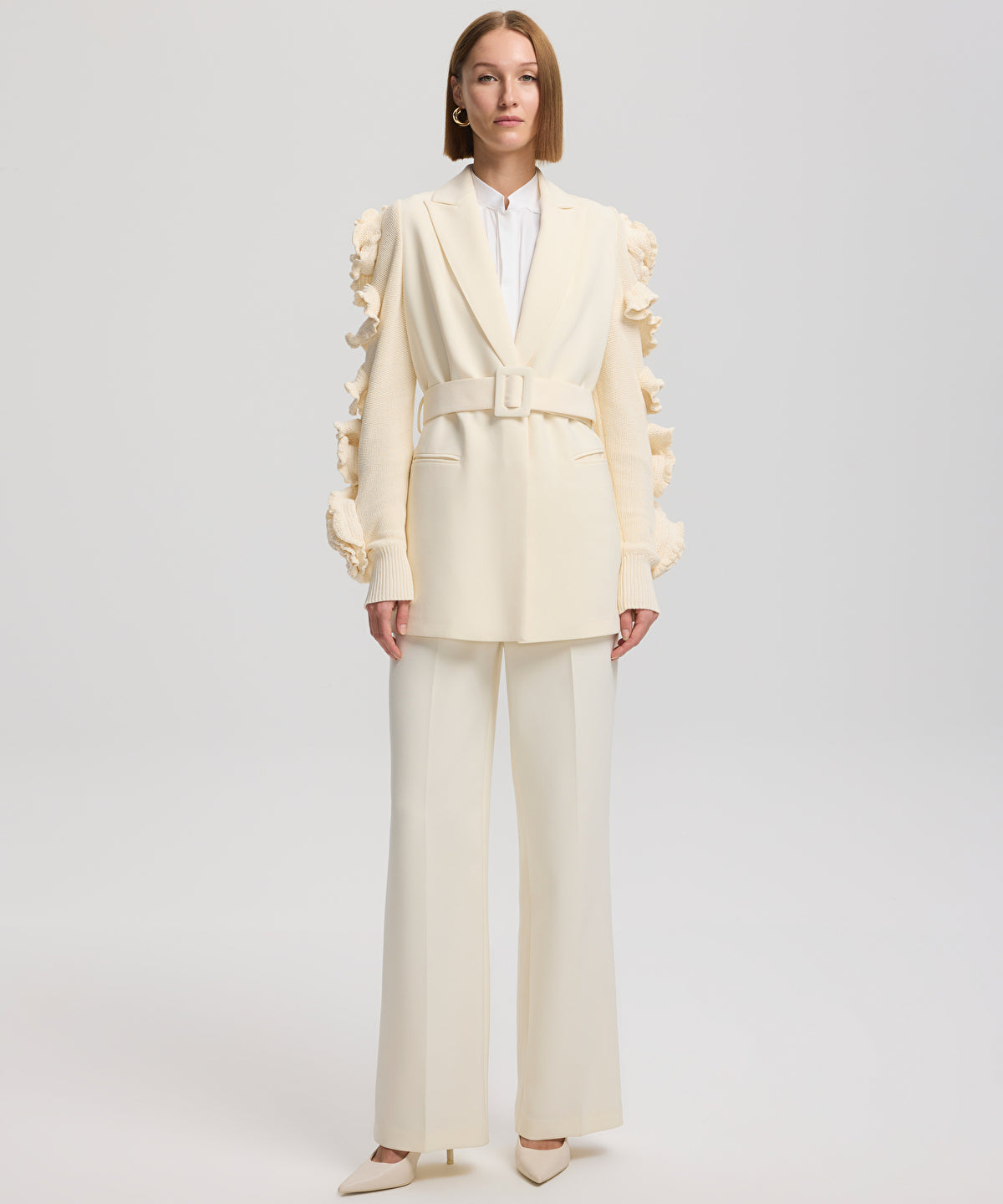 Belted jacket with raised flowers