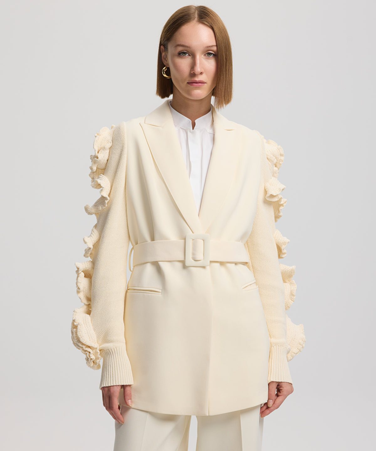Belted jacket with raised flowers