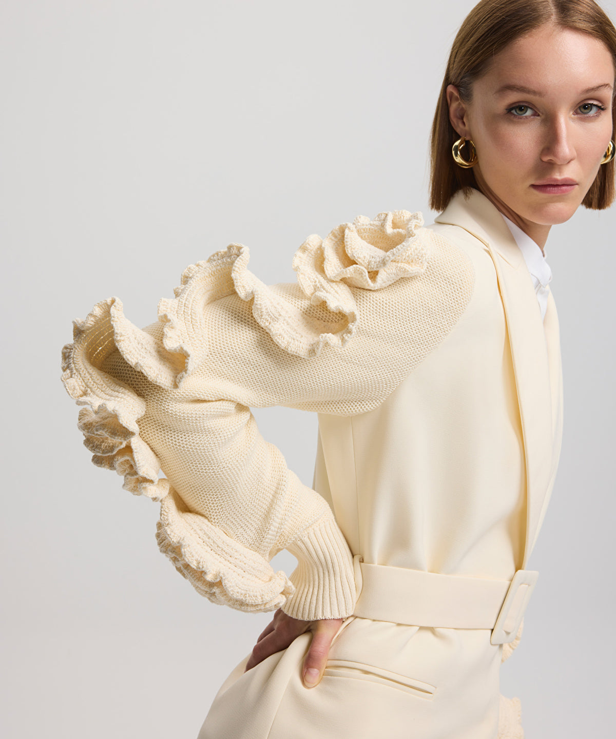 Belted jacket with raised flowers