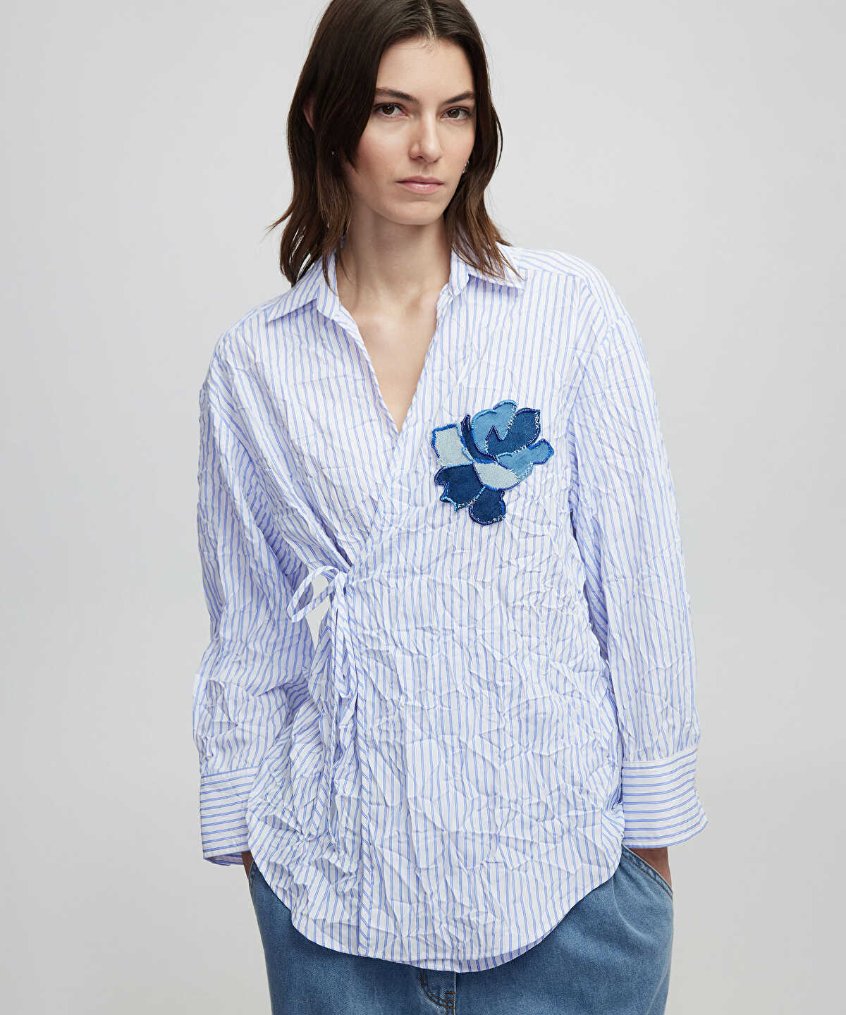 Striped Blouse With Denim Applique