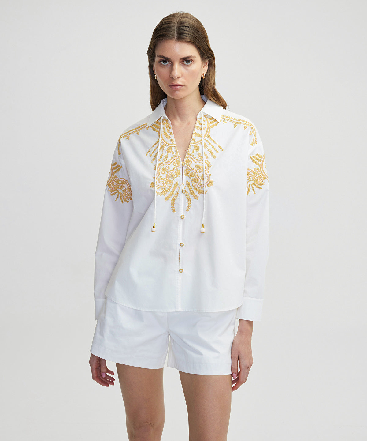 Embroidered Tie Neck Shirt