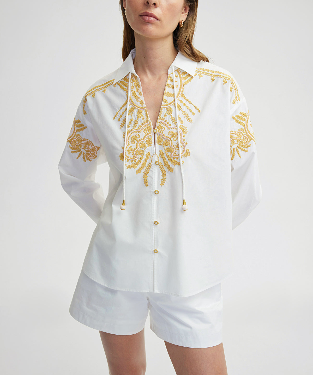 Embroidered Tie Neck Shirt