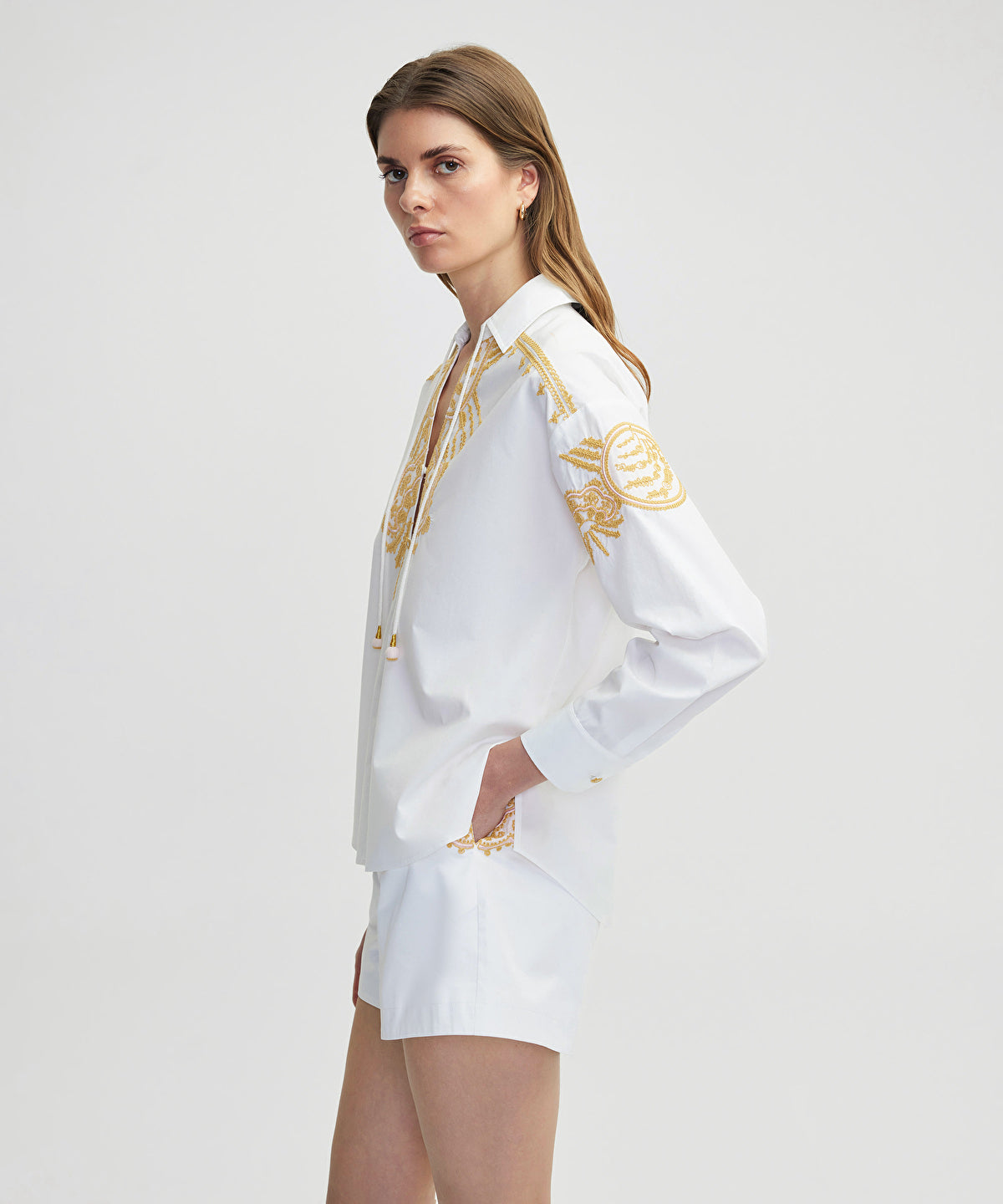 Embroidered Tie Neck Shirt
