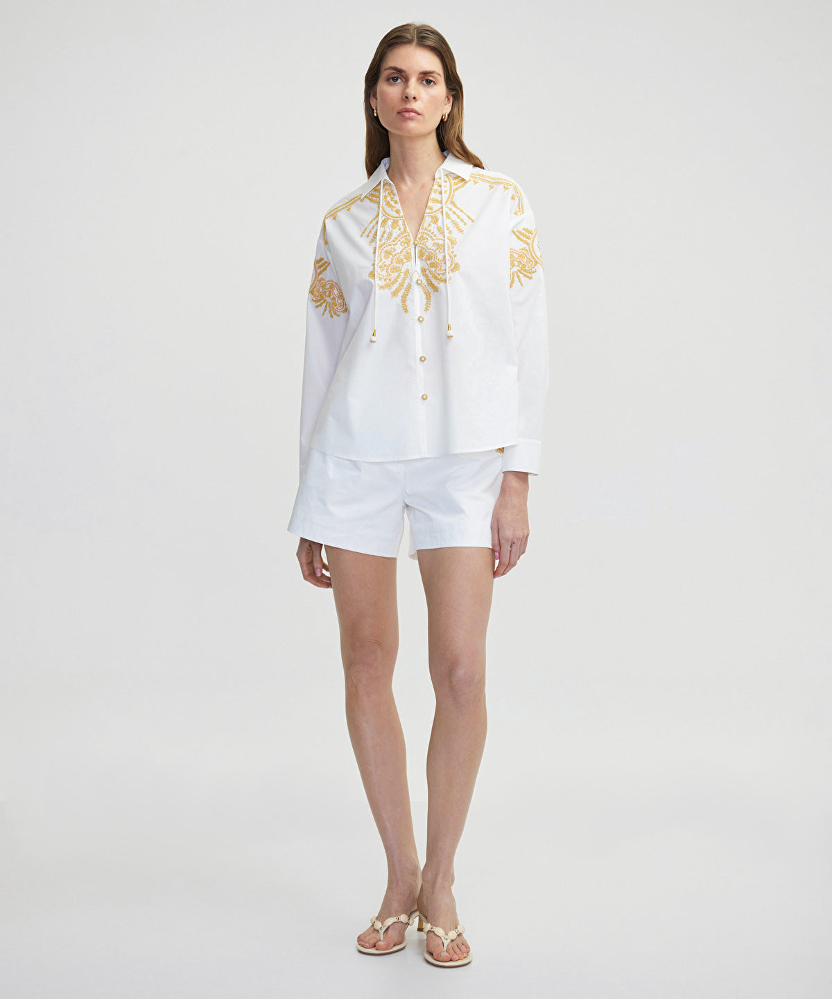 Embroidered Tie Neck Shirt