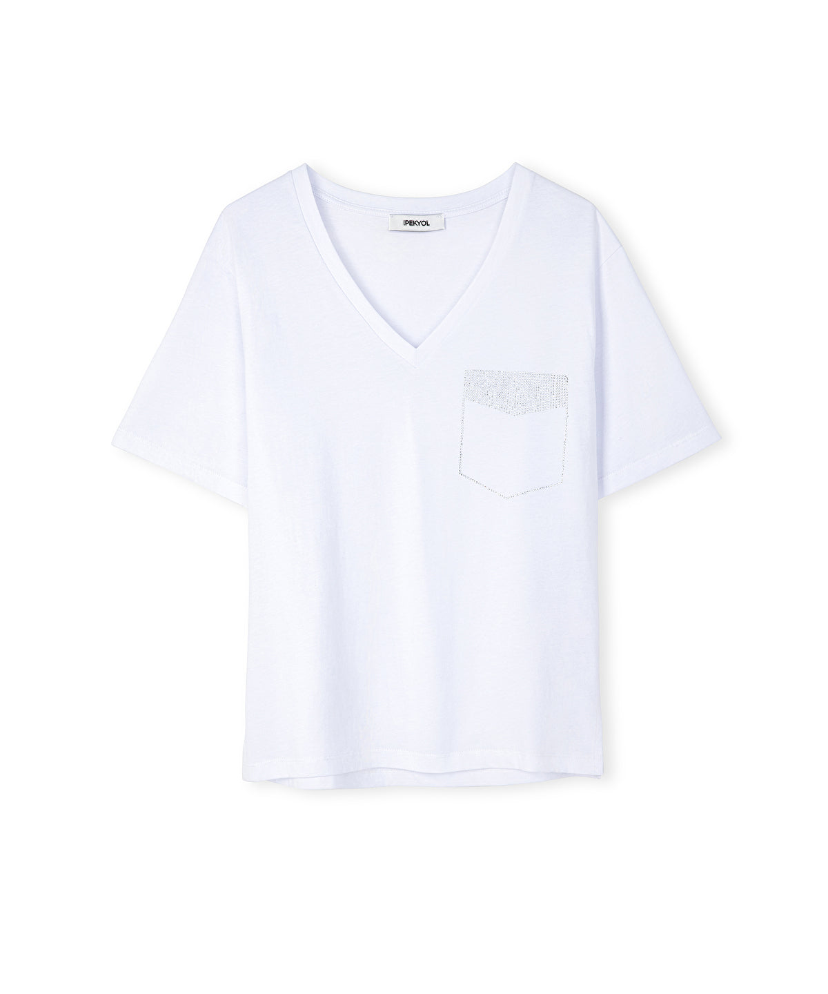 Zoomed V Neck T-Shirt With Rhinestones