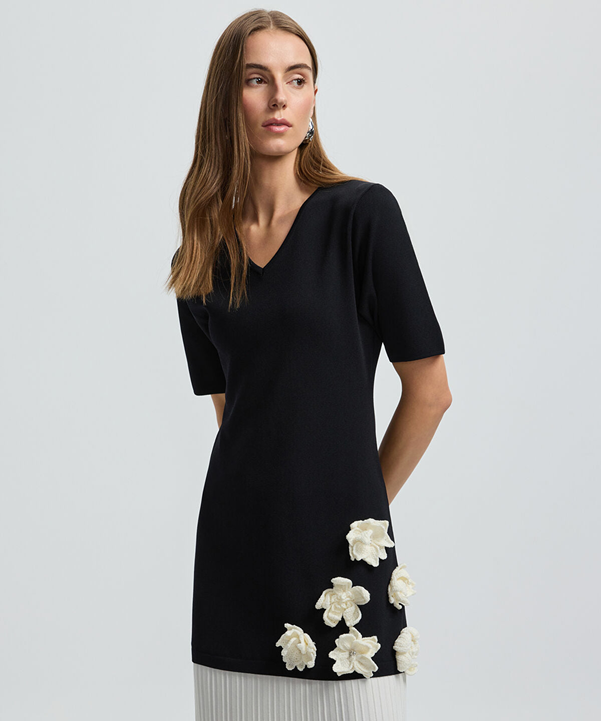Color-Block Dress with Floral Applique