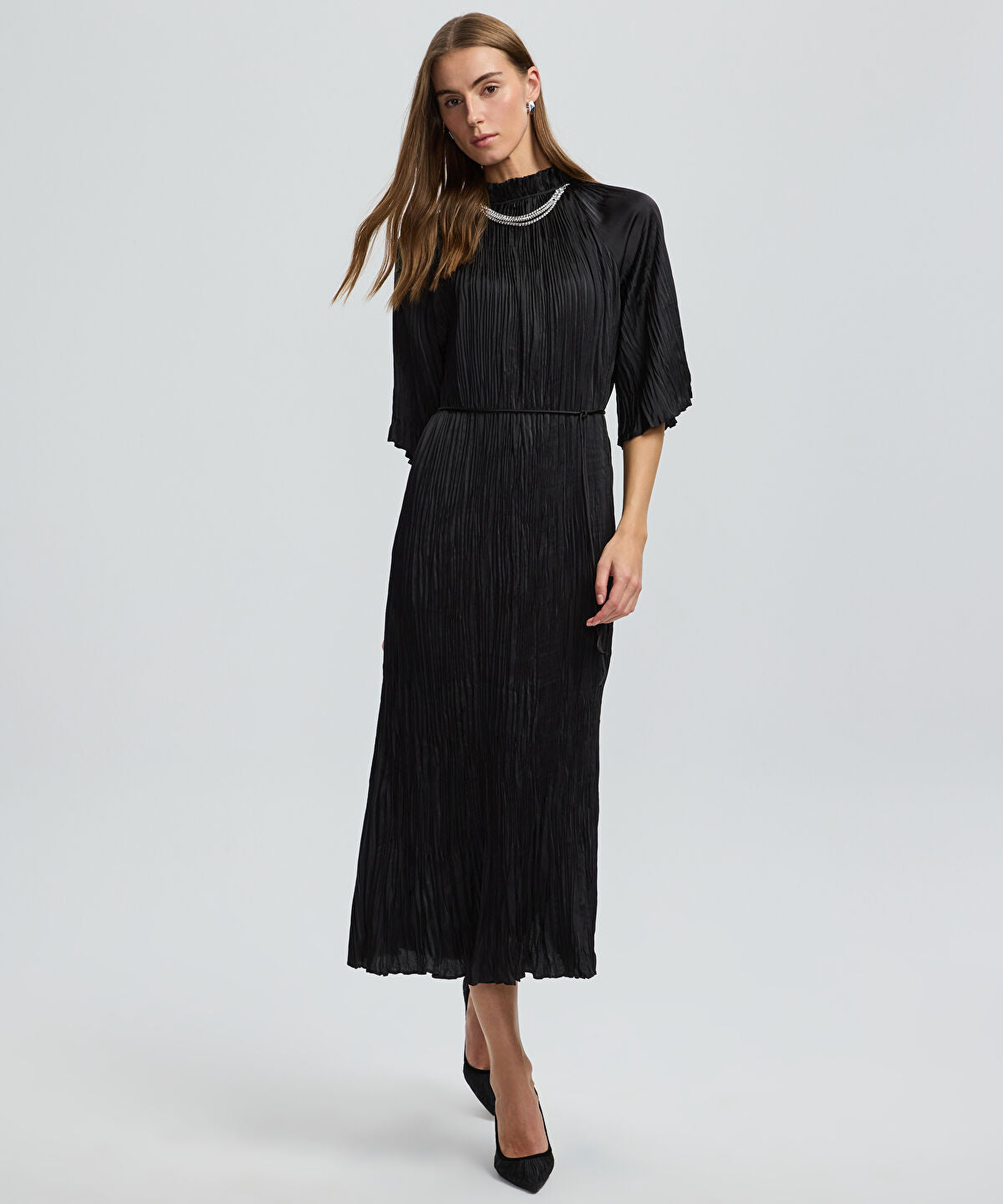 Crinkle-Effect Embellished Dress