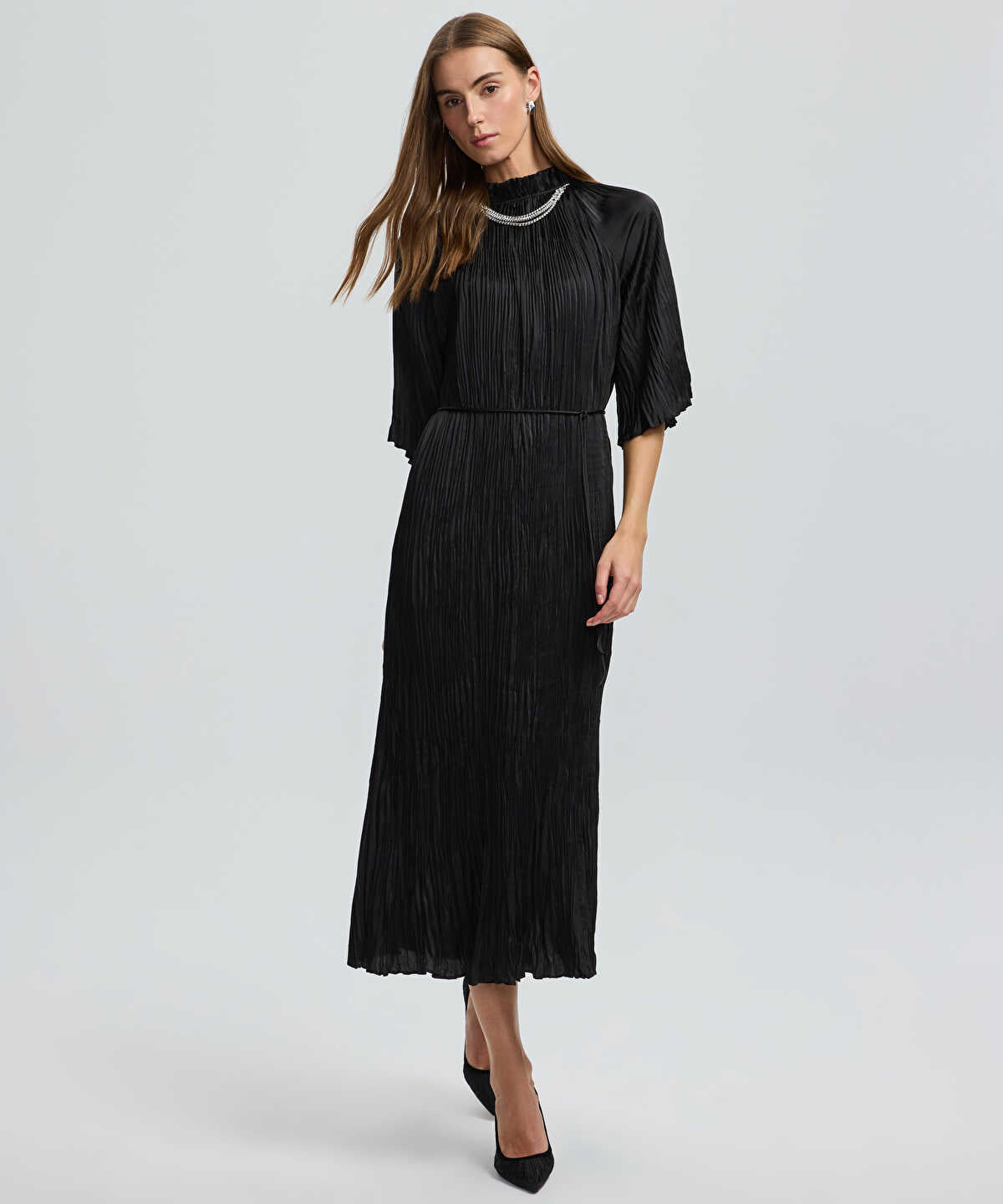 Crinkle-Effect Embellished Dress