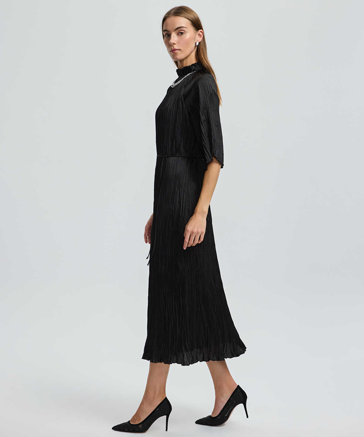 Crinkle-Effect Embellished Dress