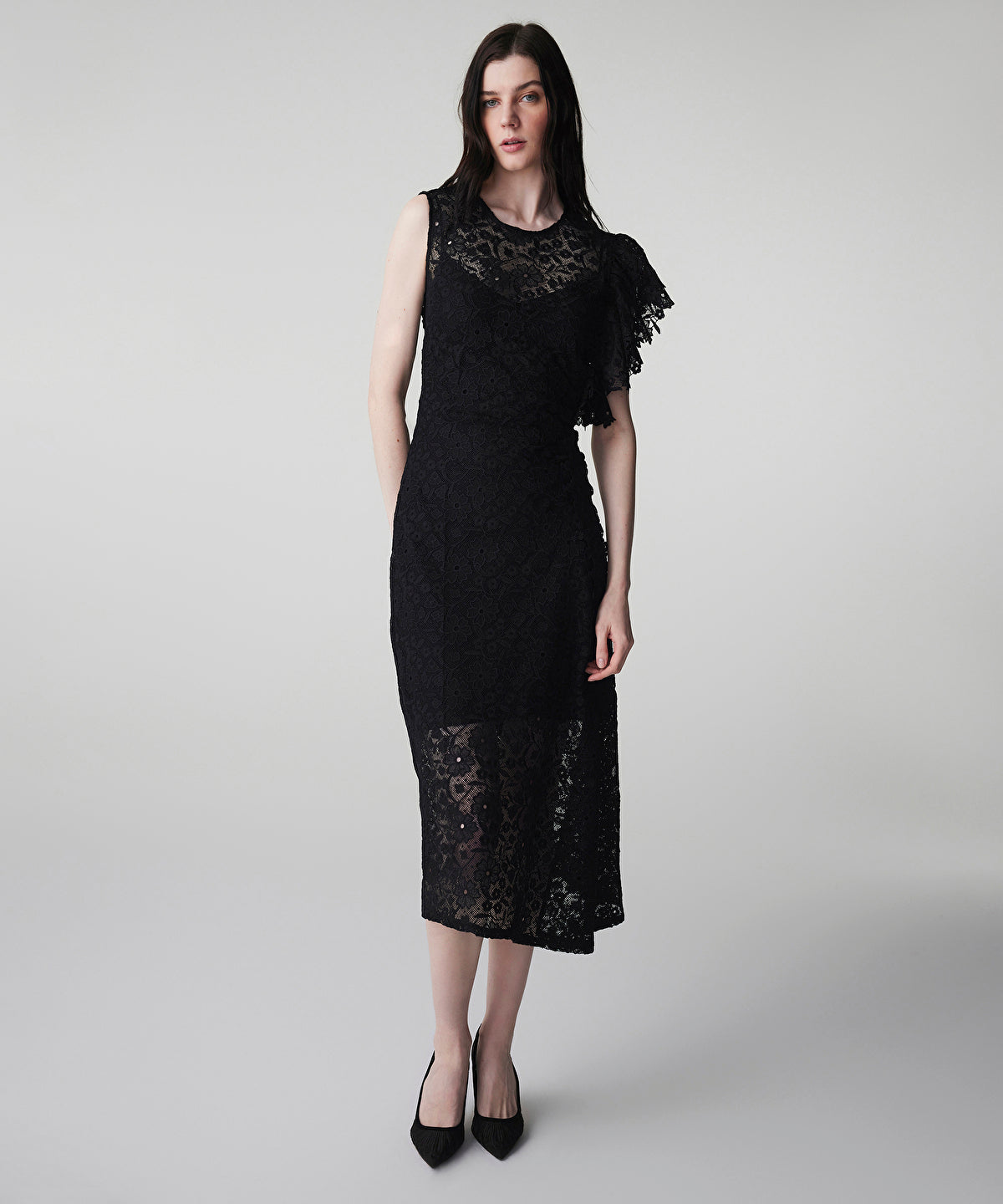 Asymmetric Lace Midi Dress