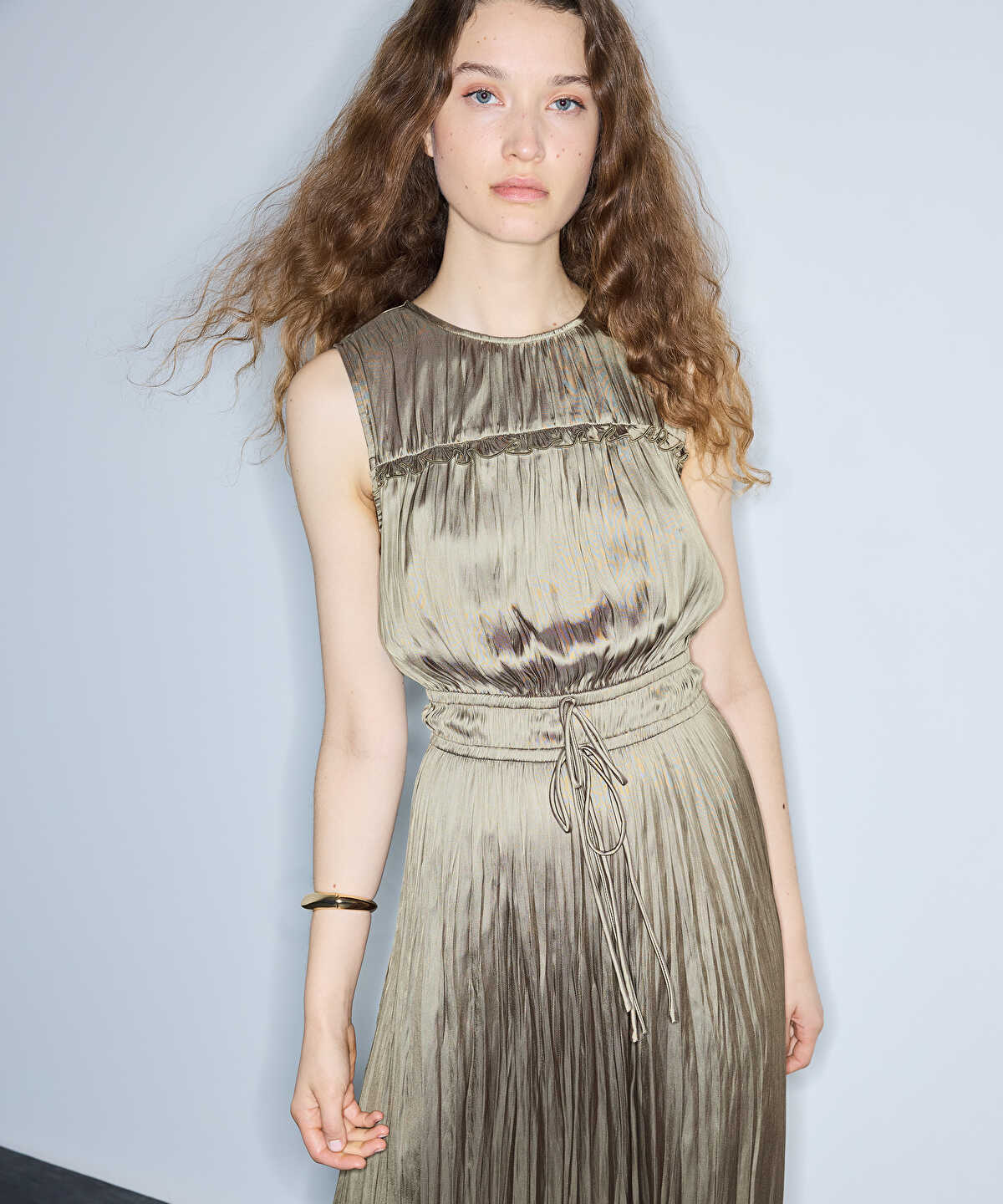 Satin-Effect Pleated Midi Dress