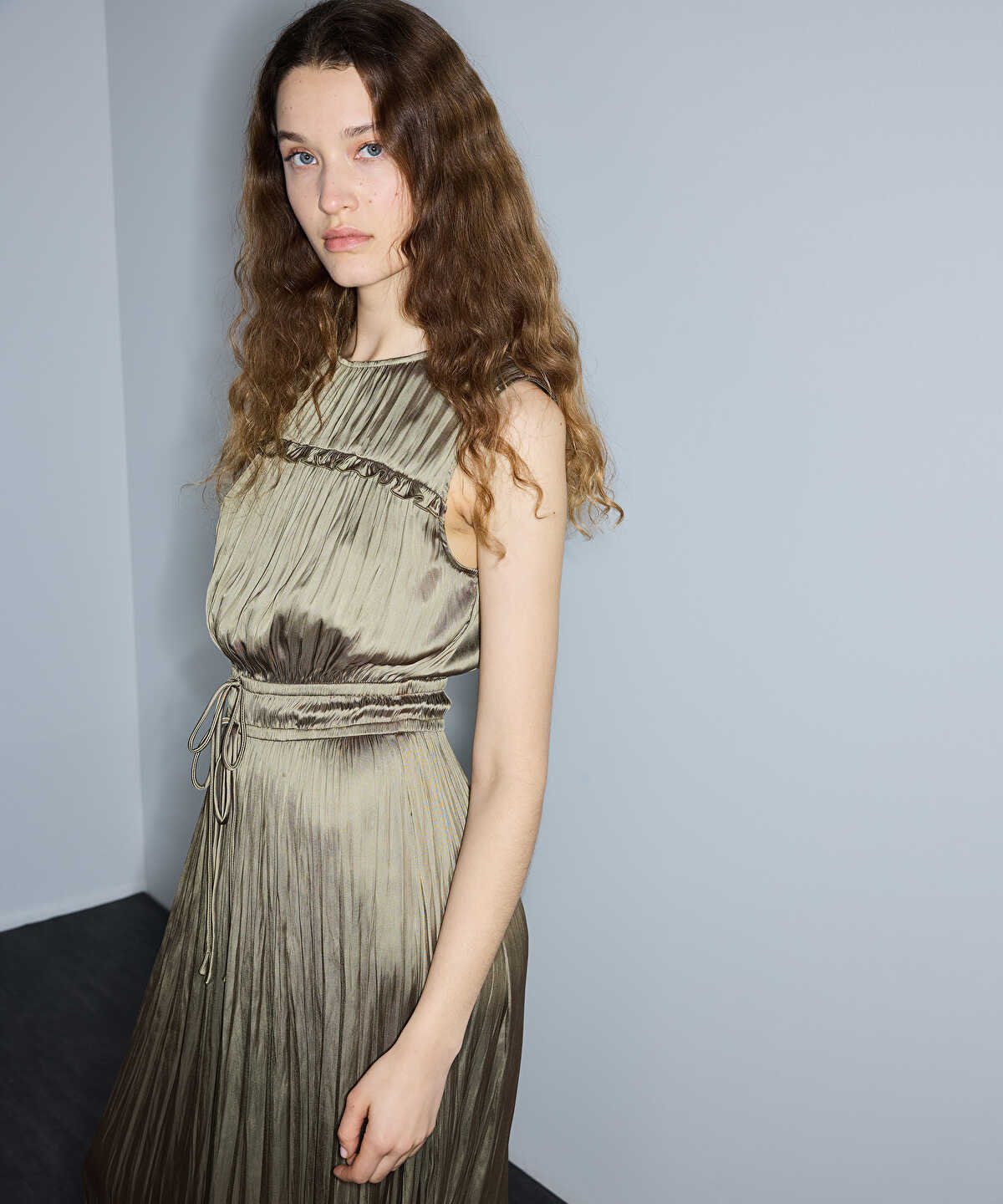 Satin-Effect Pleated Midi Dress