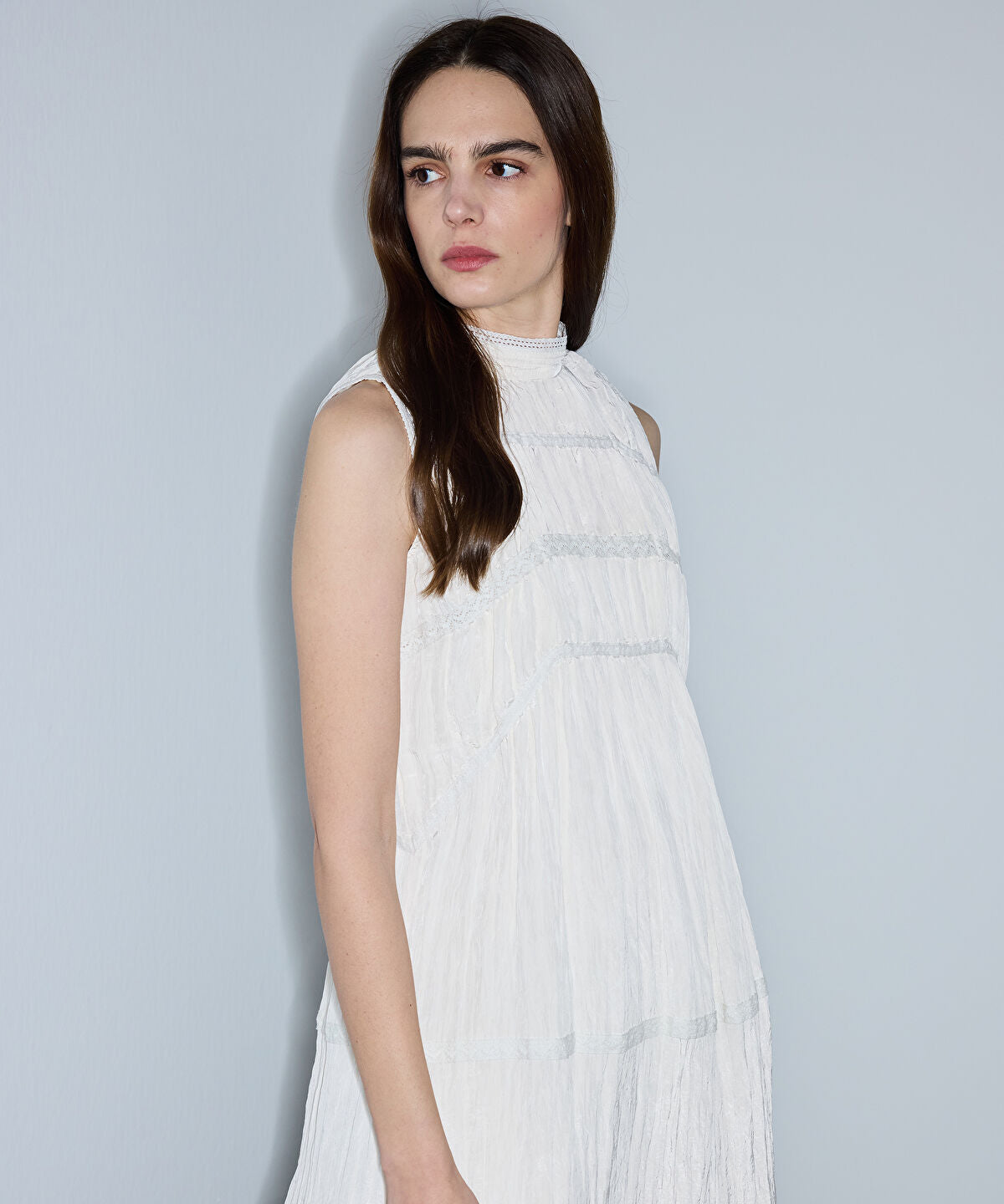 Crinkled Lace-Trim Midi Dress
