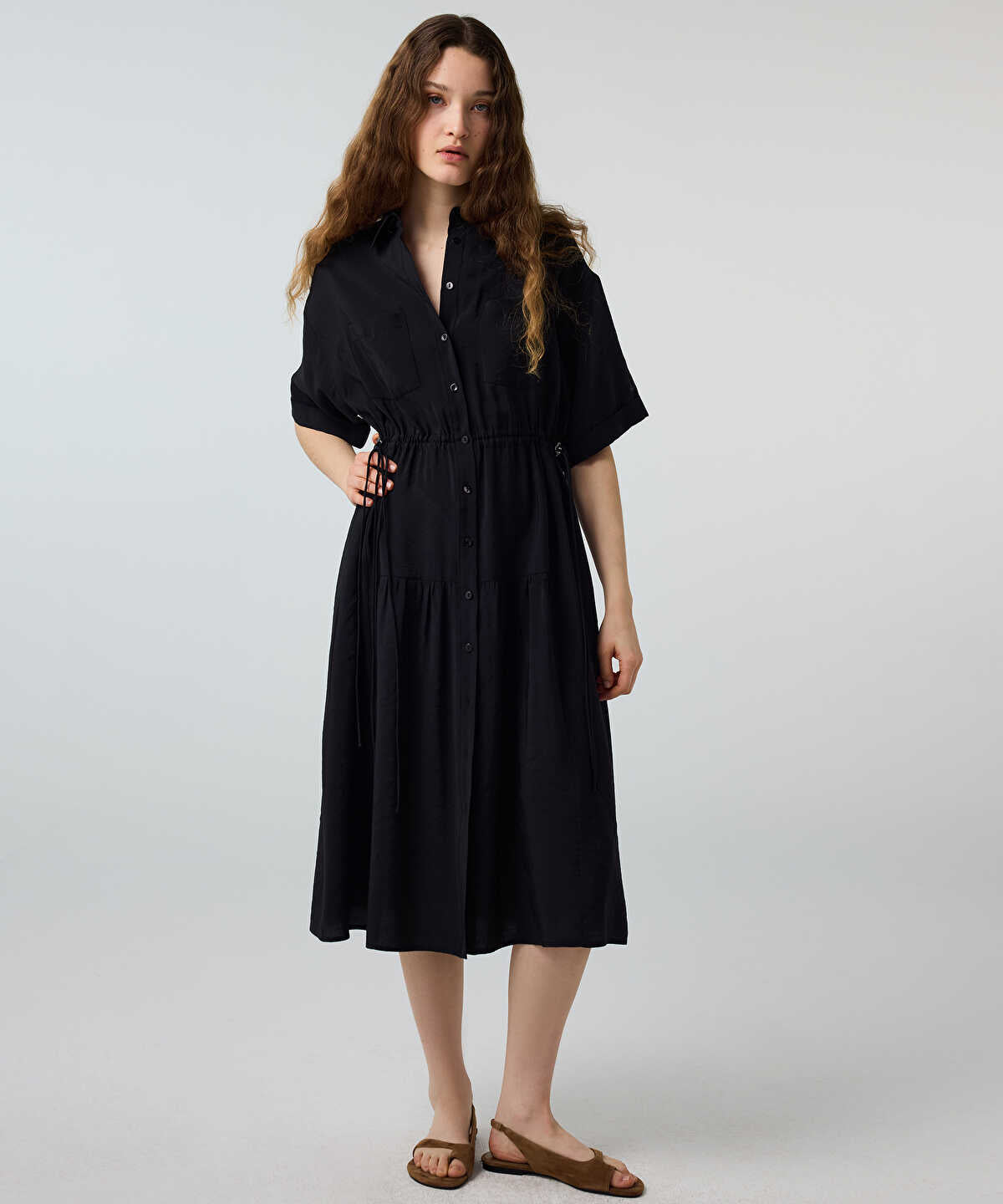 Adjustable Cinch-Waist Shirt Dress
