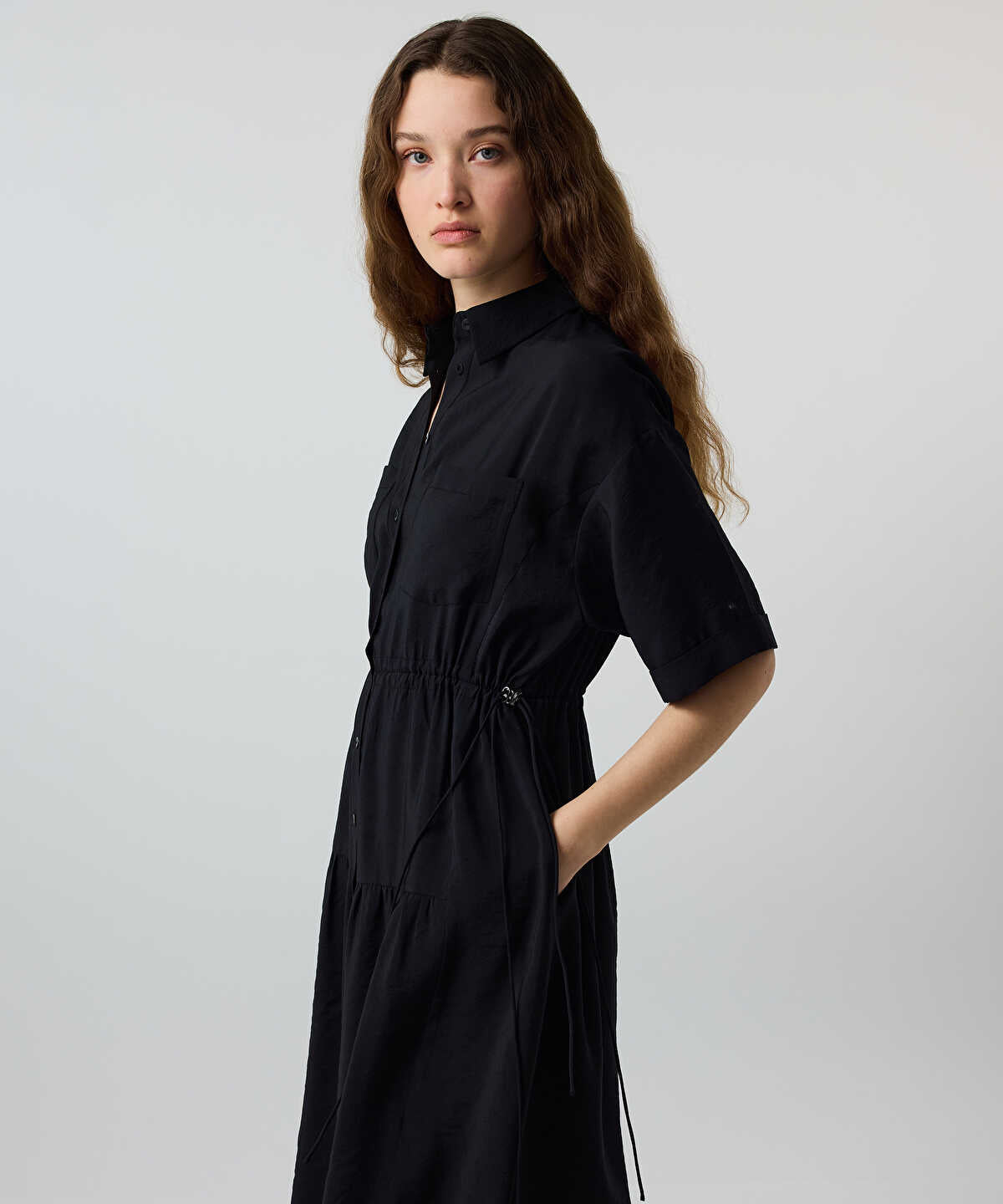Adjustable Cinch-Waist Shirt Dress