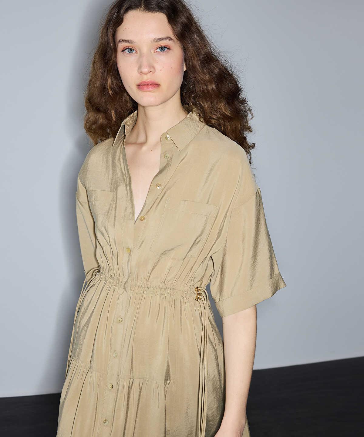 Adjustable Cinch-Waist Shirt Dress