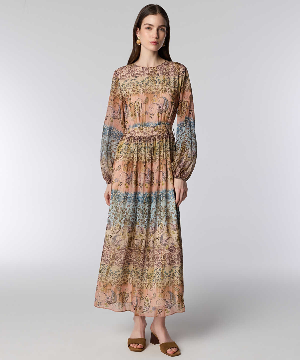 Balloon-Sleeve Printed Midi Dress