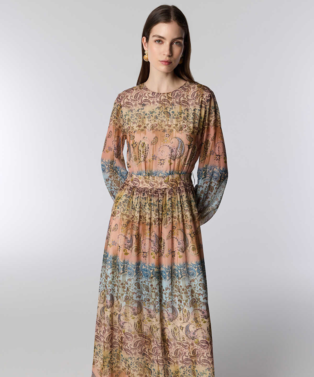 Balloon-Sleeve Printed Midi Dress