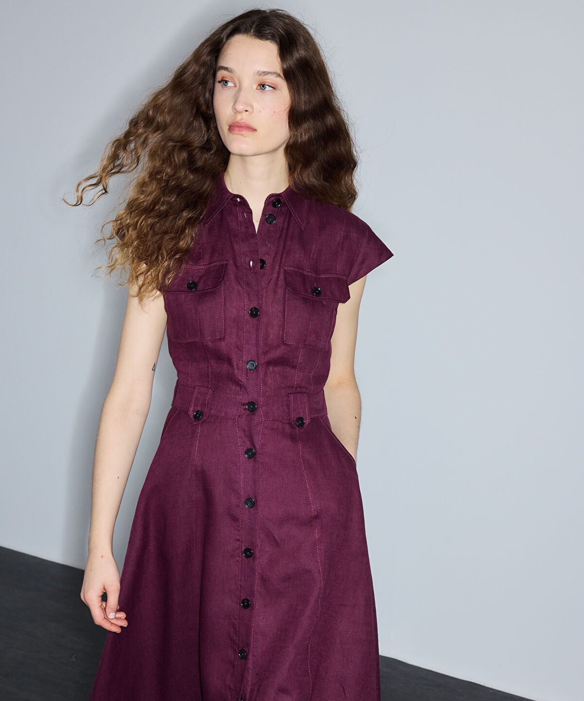 Button-Accented Linen Dress