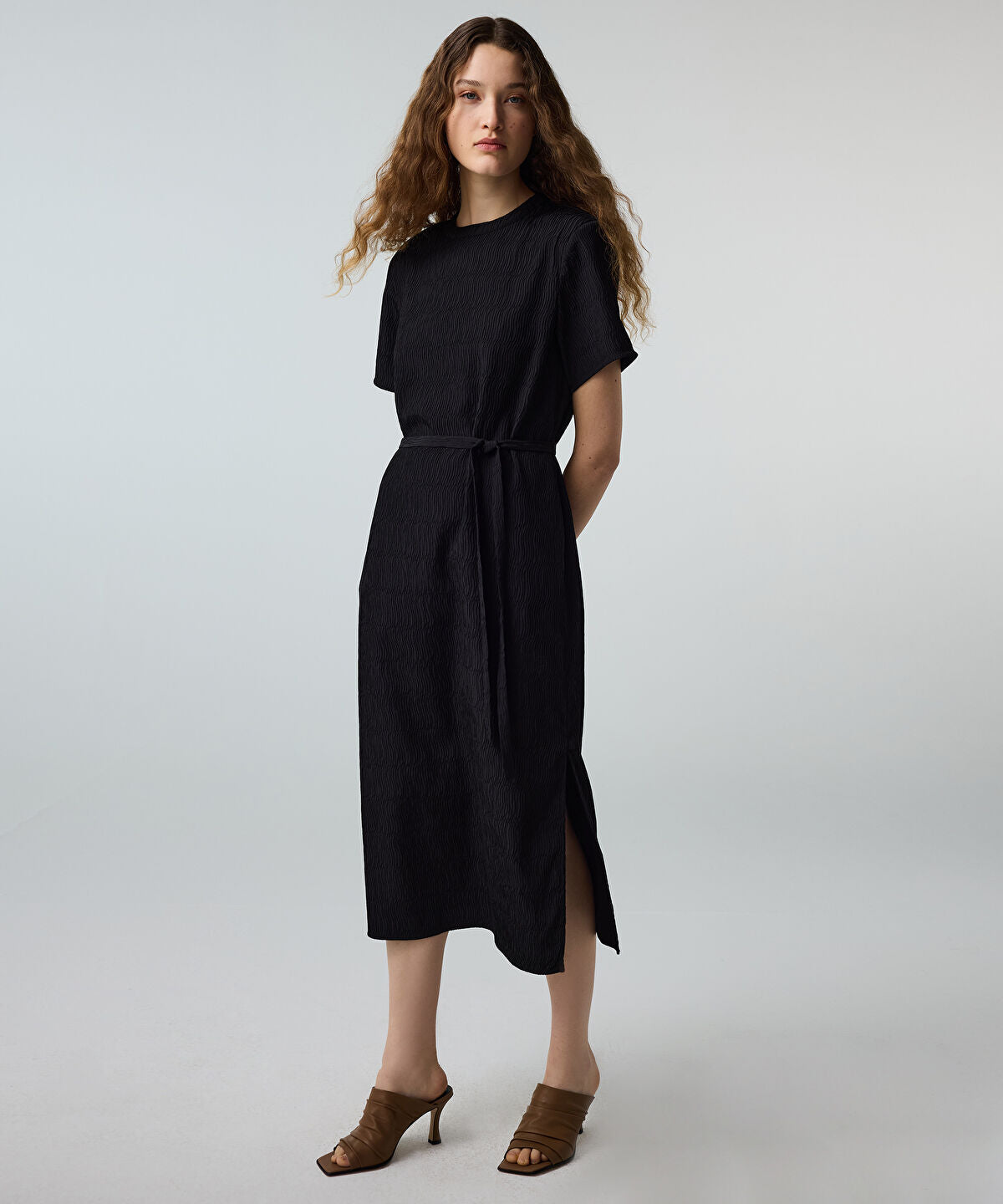 Belted Crinkle-Effect Dress