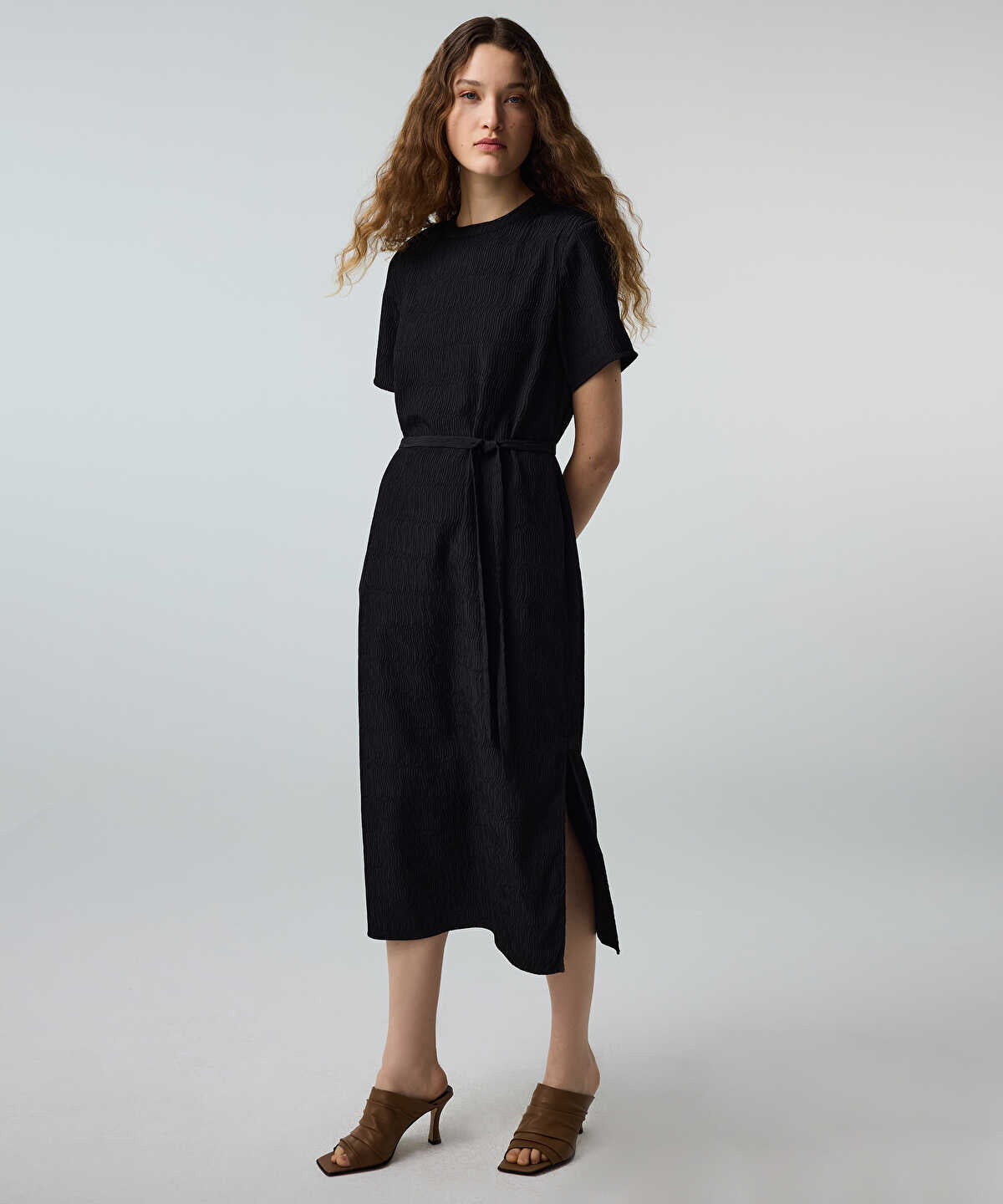 Belted Crinkle-Effect Dress