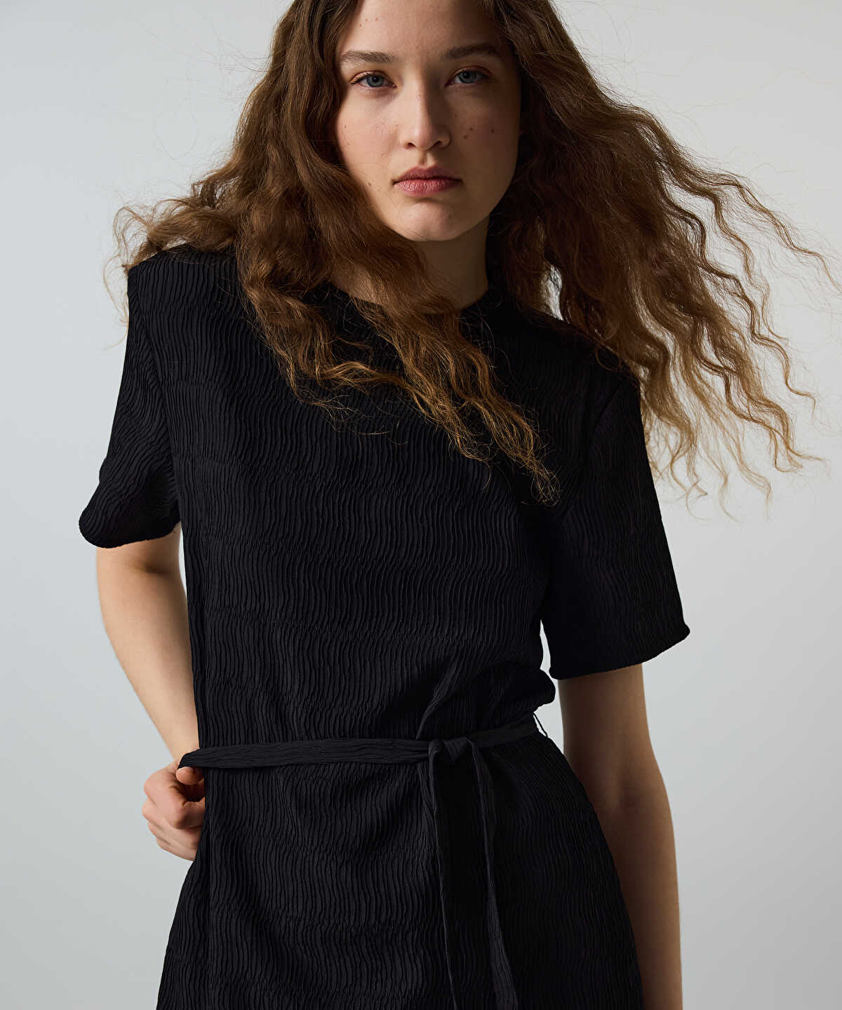 Belted Crinkle-Effect Dress