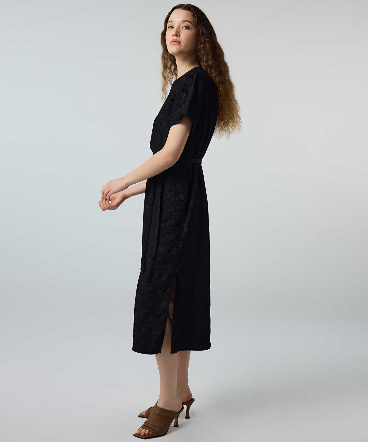 Belted Crinkle-Effect Dress
