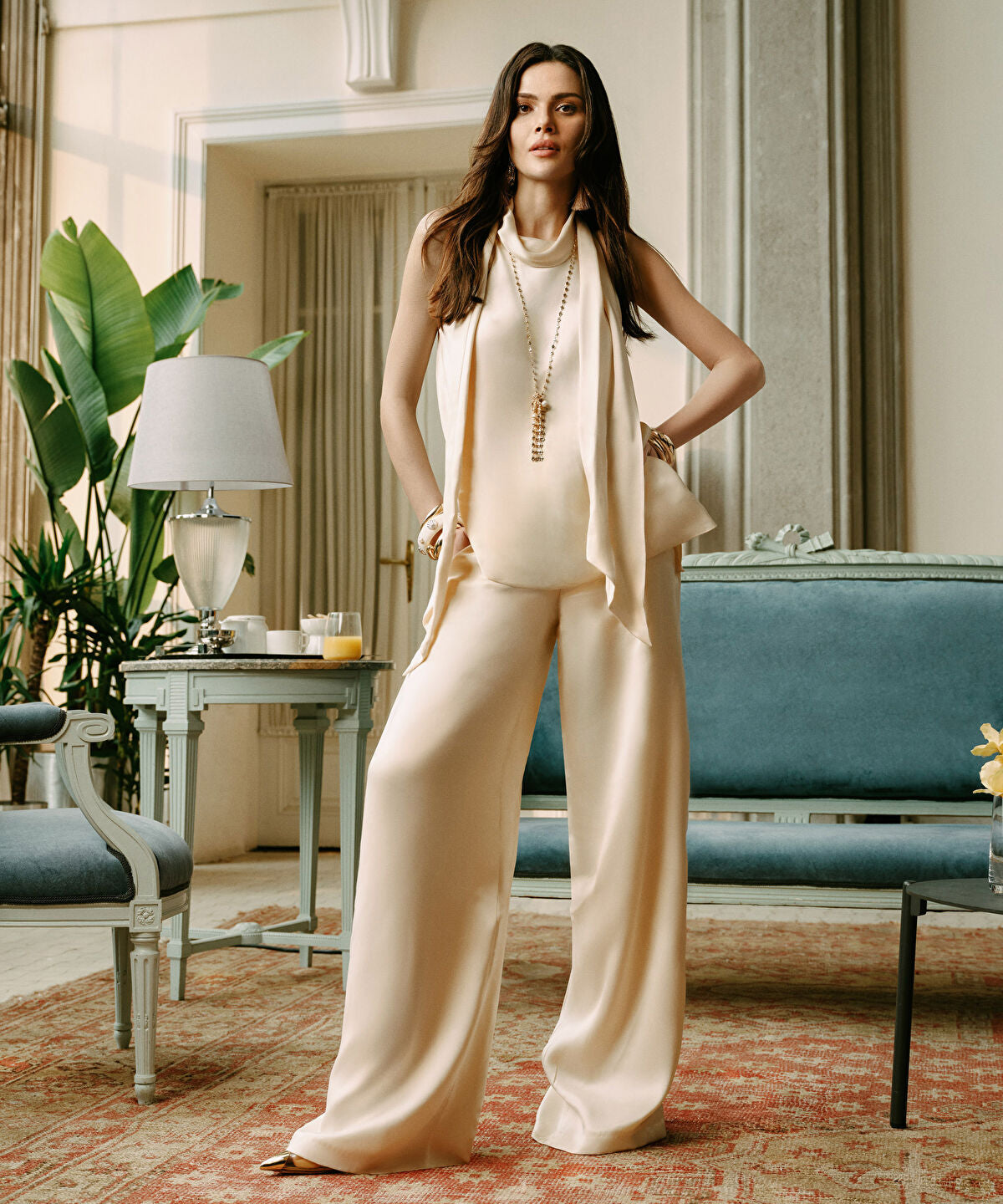 Satin-Effect Wide-Leg Trousers