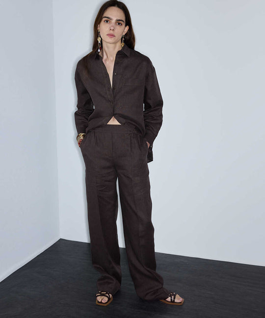 Belted Linen Wide-Leg Trousers