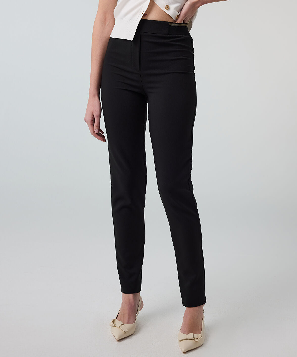 Lurex-Waisted Skinny Trousers