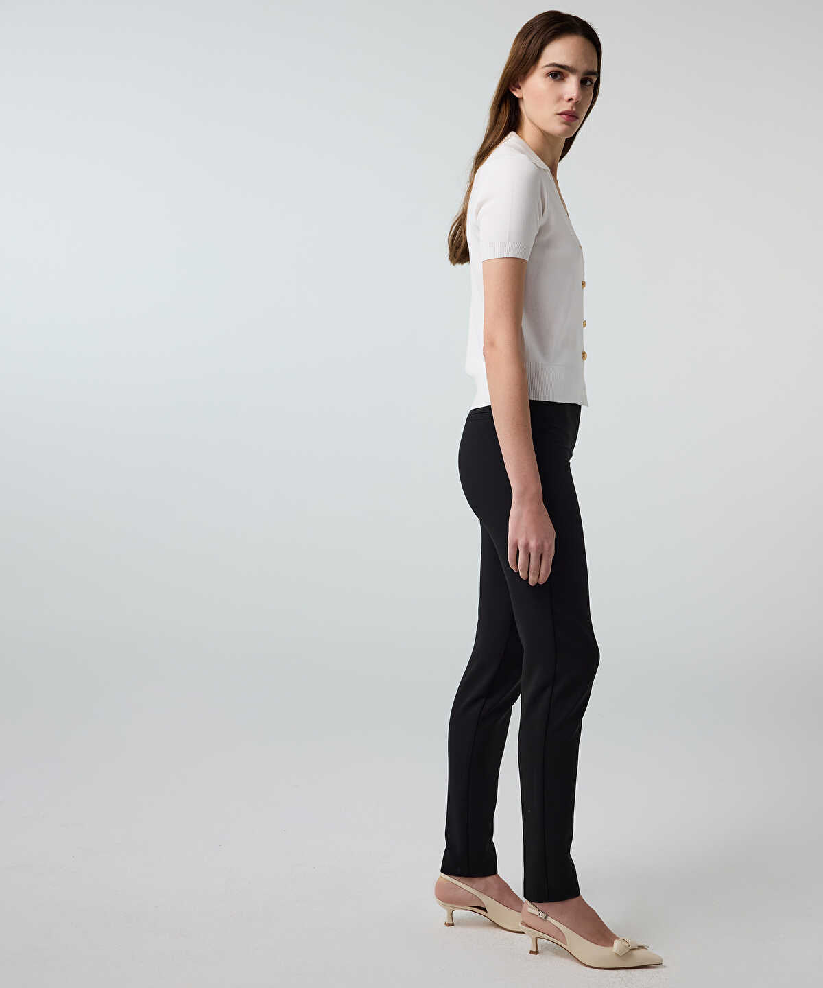 Lurex-Waisted Skinny Trousers