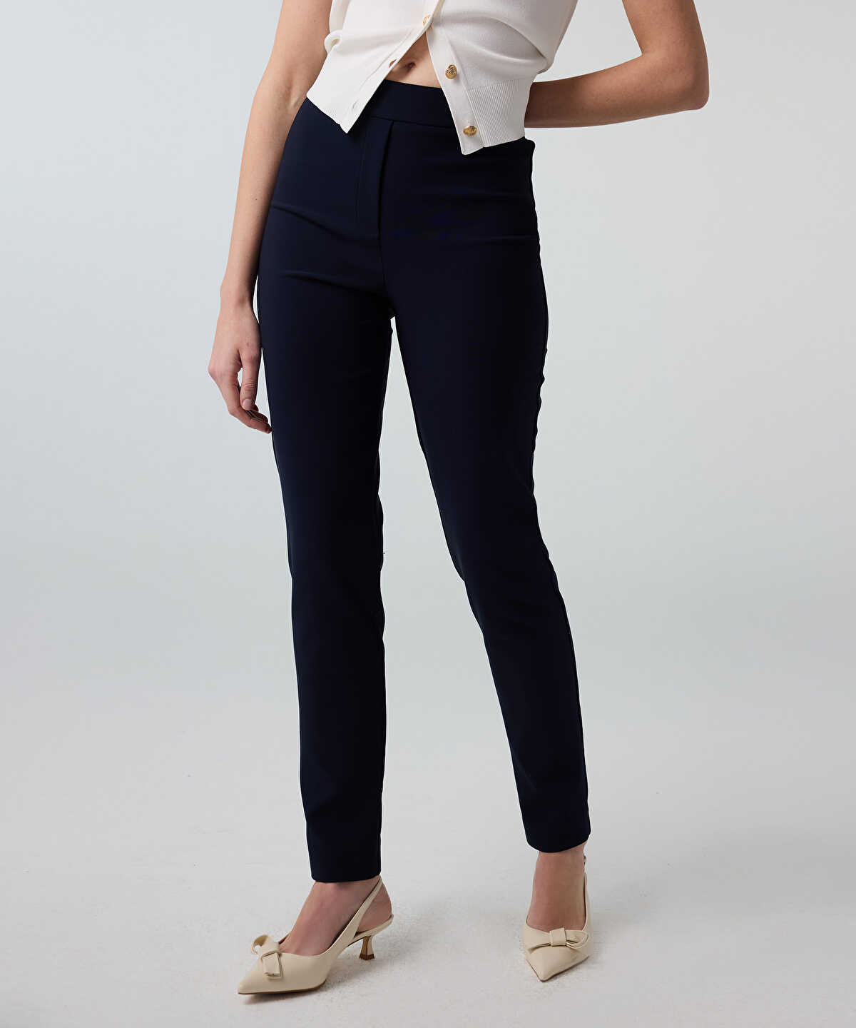 Lurex-Waisted Skinny Trousers