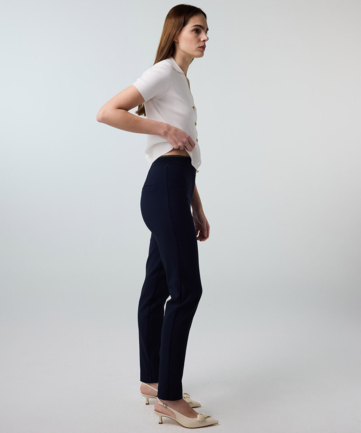 Lurex-Waisted Skinny Trousers