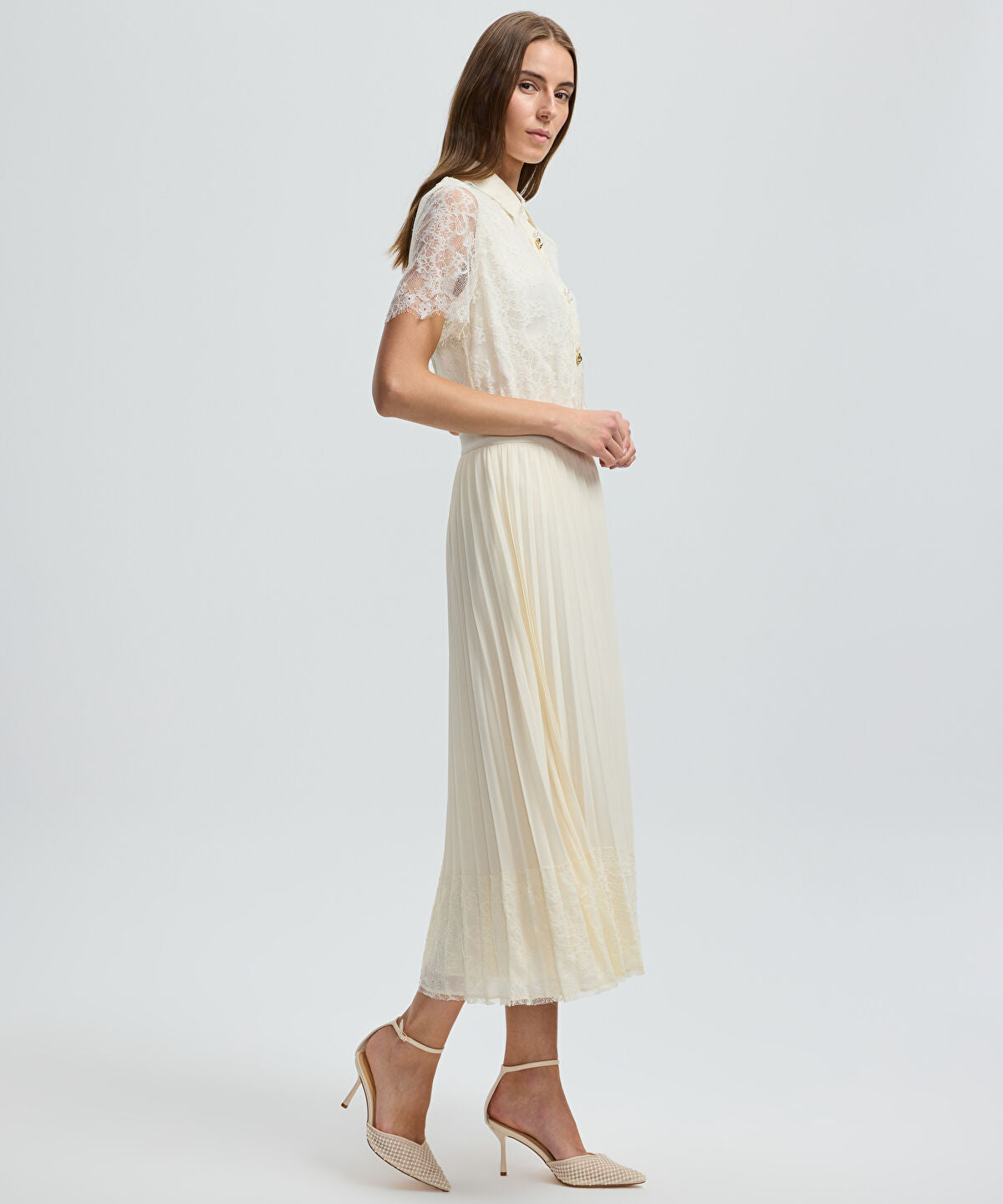 Pleated Lace Hem Midi Skirt