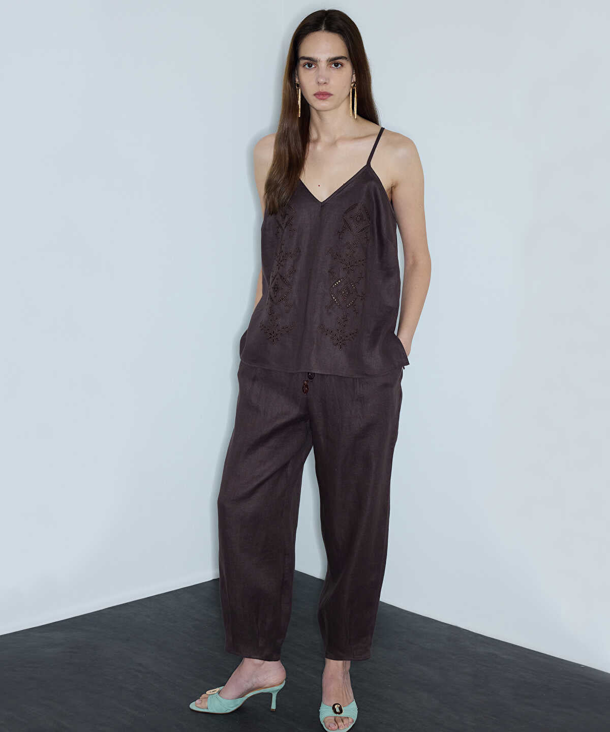 Embroidered V-Neck Linen Blouse