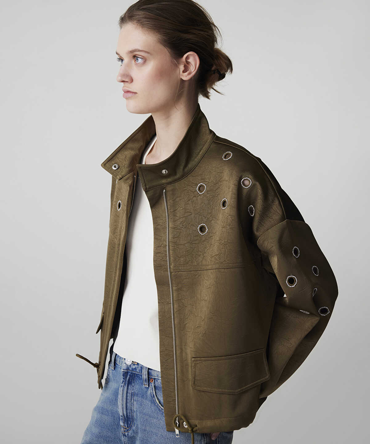 Embellished Crinkle-Effect Coat