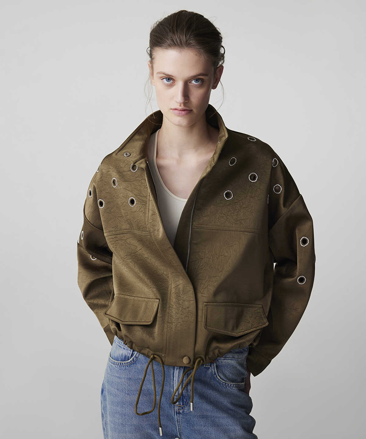 Embellished Crinkle-Effect Coat