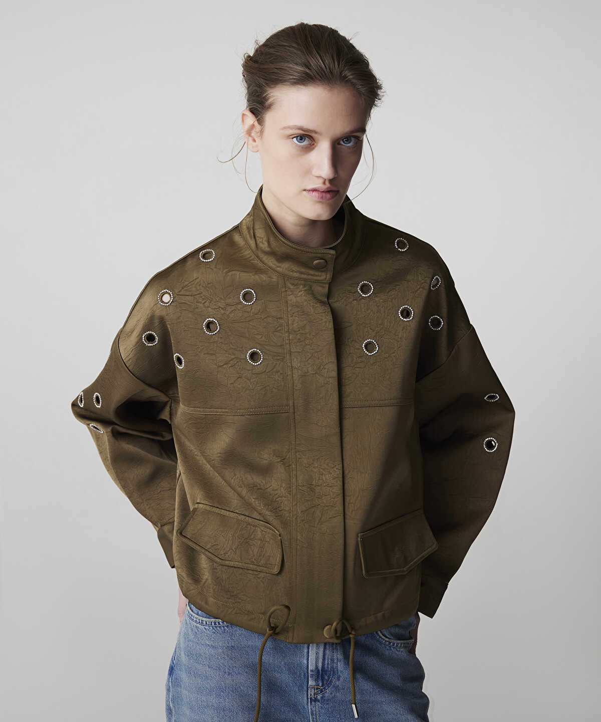 Embellished Crinkle-Effect Coat