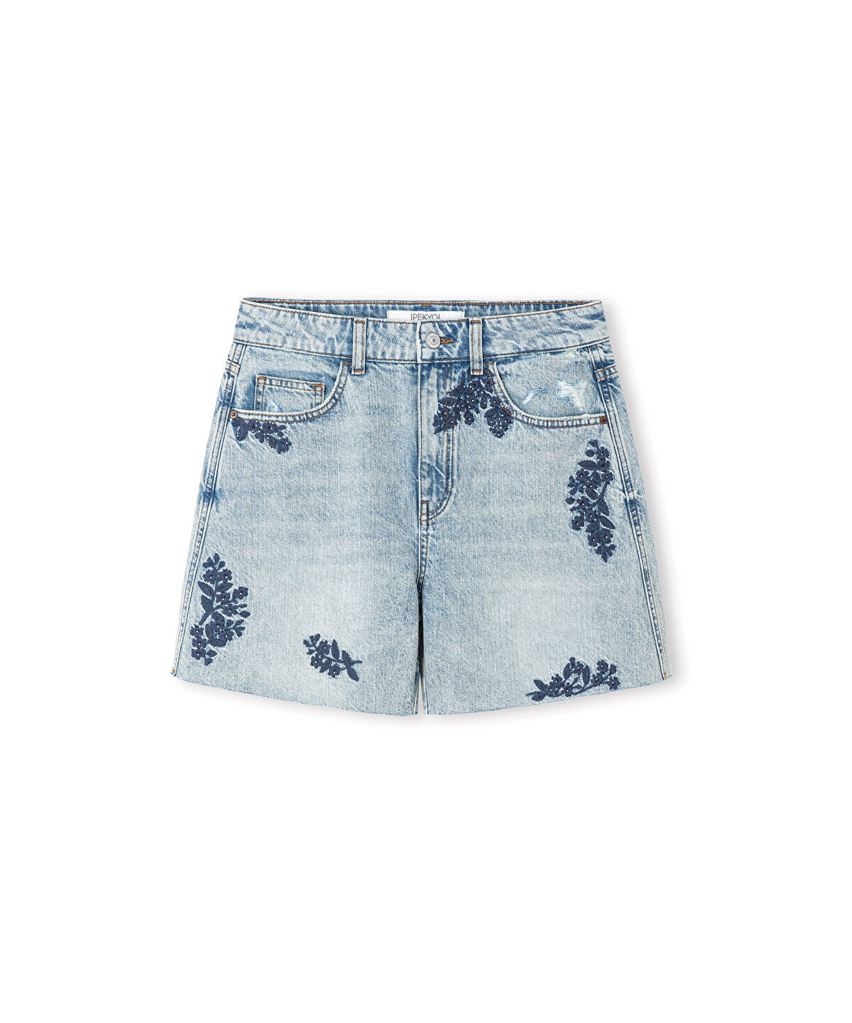 Embroidered Raw Edge Denim Shorts