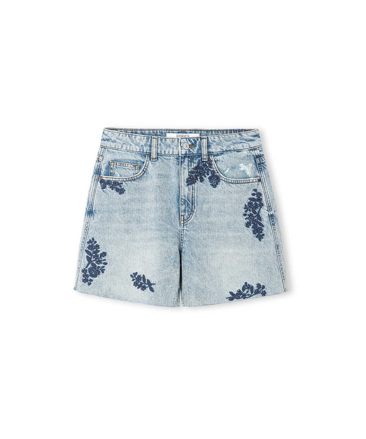 Embroidered Raw Edge Denim Shorts