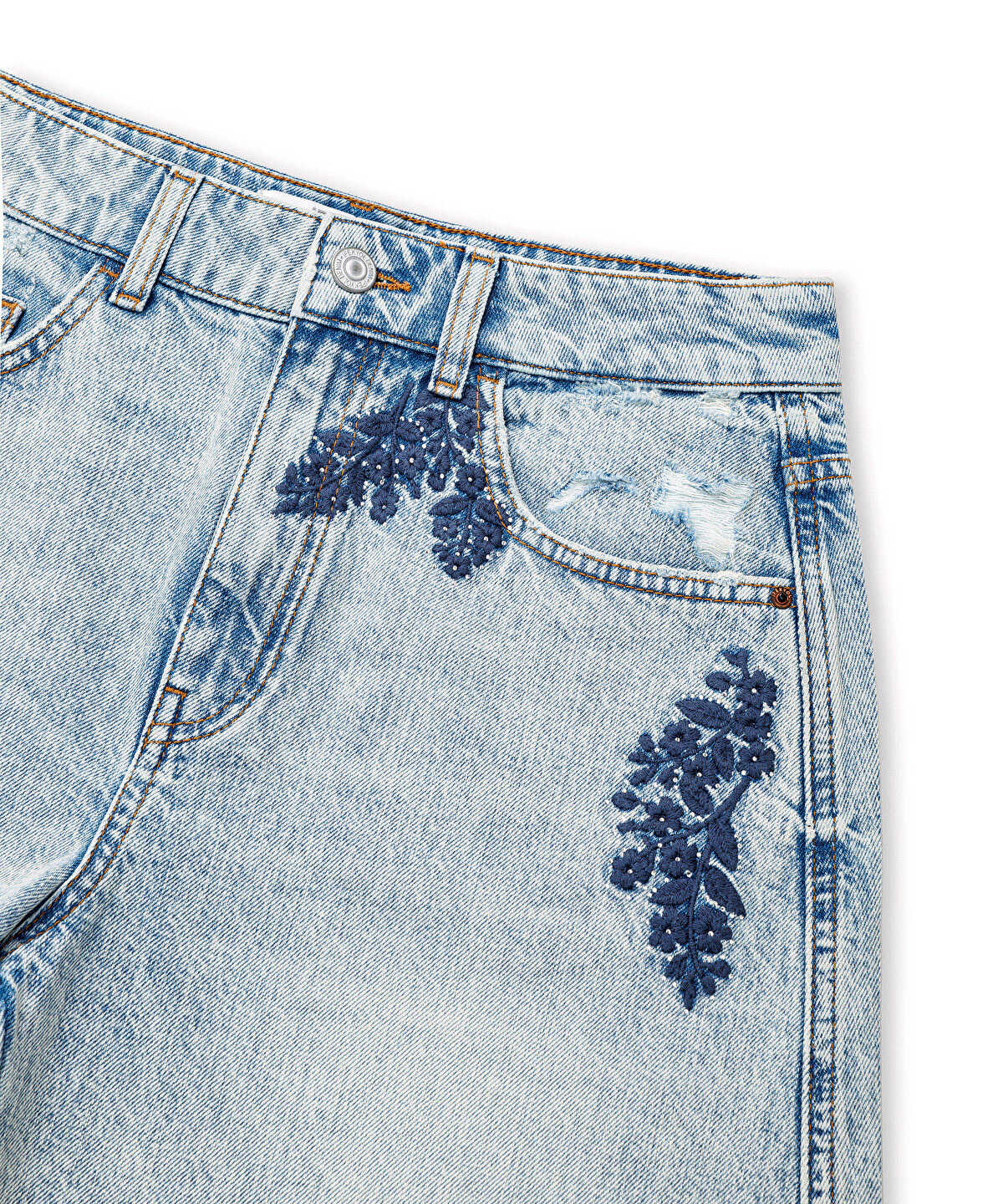 Embroidered Raw Edge Denim Shorts