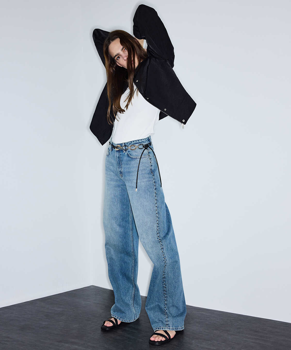 Stud-Embellished Wide Leg Jeans
