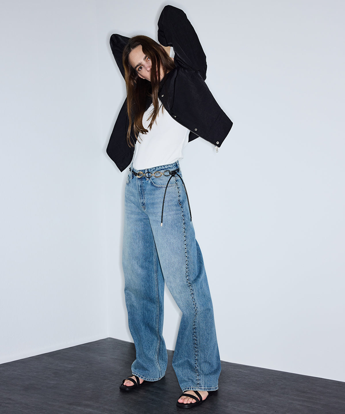 Stud-Embellished Wide Leg Jeans