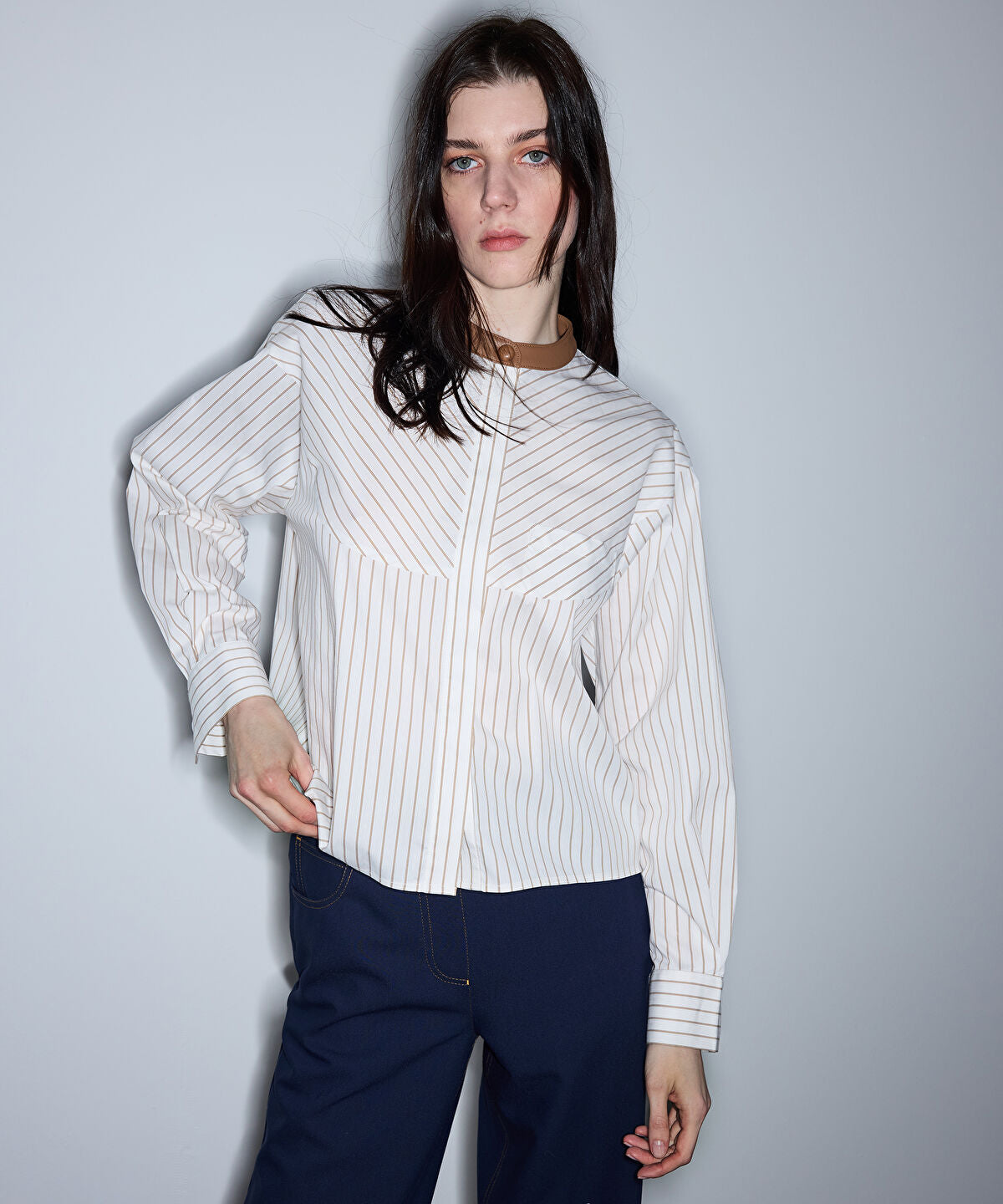 Contrast Collar Striped Shirt