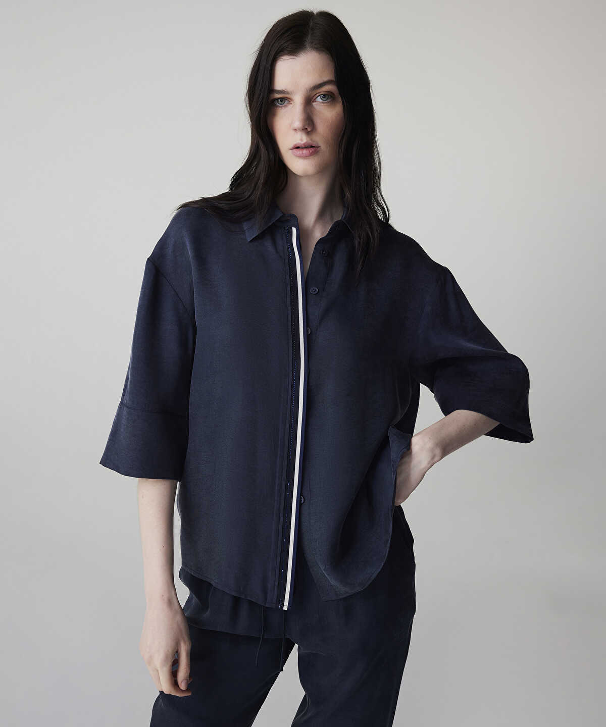 Rhinestone Embellished Contrast Piped Shirt