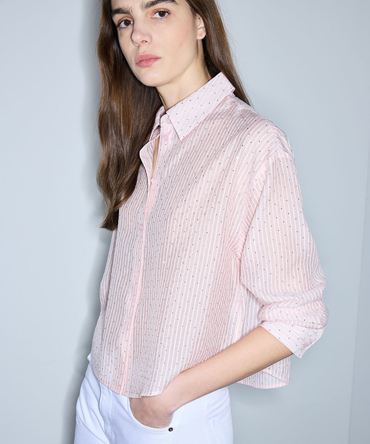 Rhinestone Embellished Striped Shirt