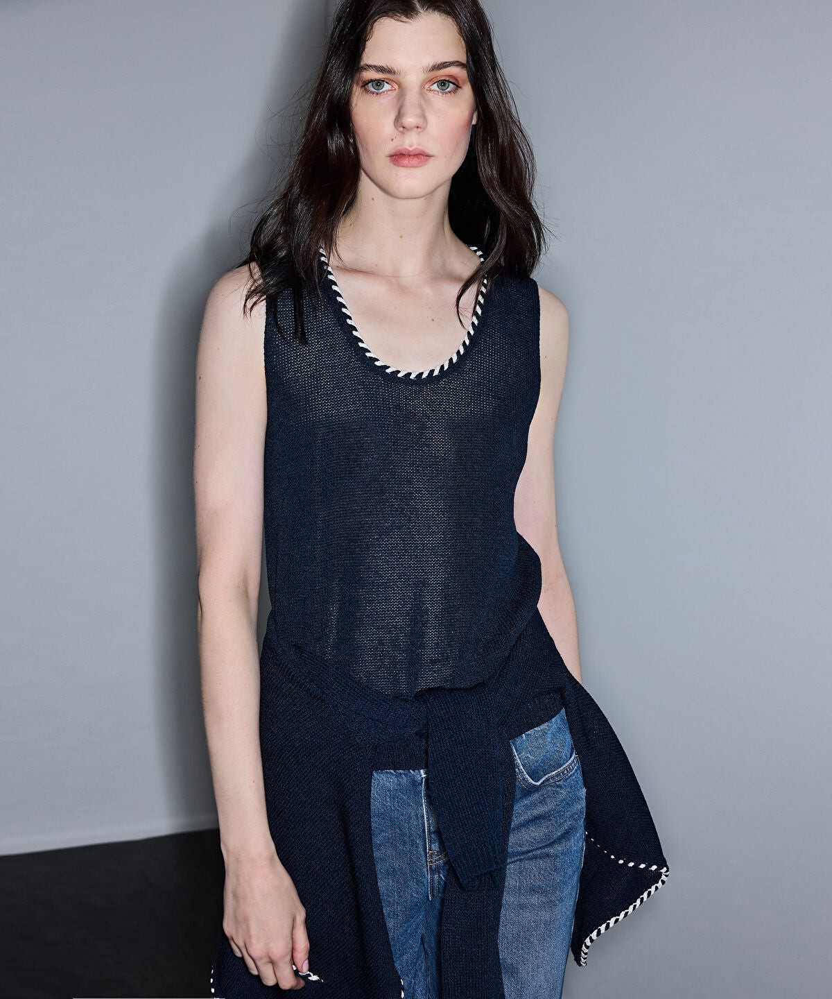 Knit Top with Contrast Piping