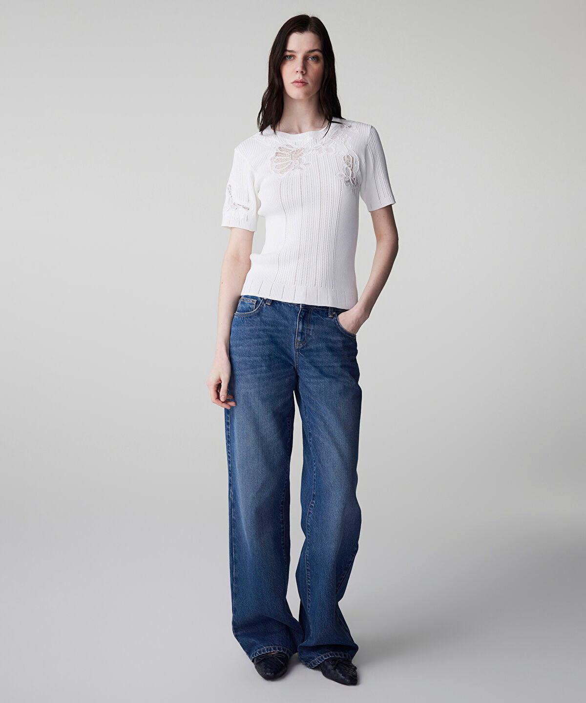 Embroidered Mixed Knit Top
