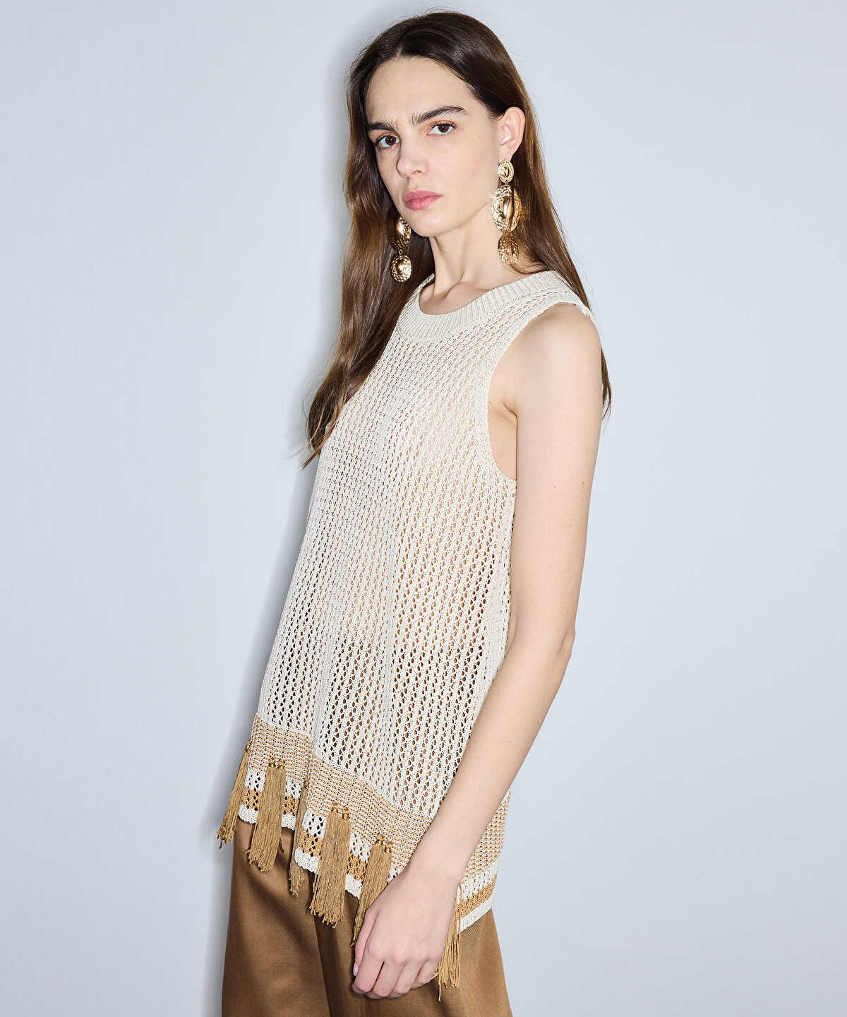 Openwork Knit Top with Fringes