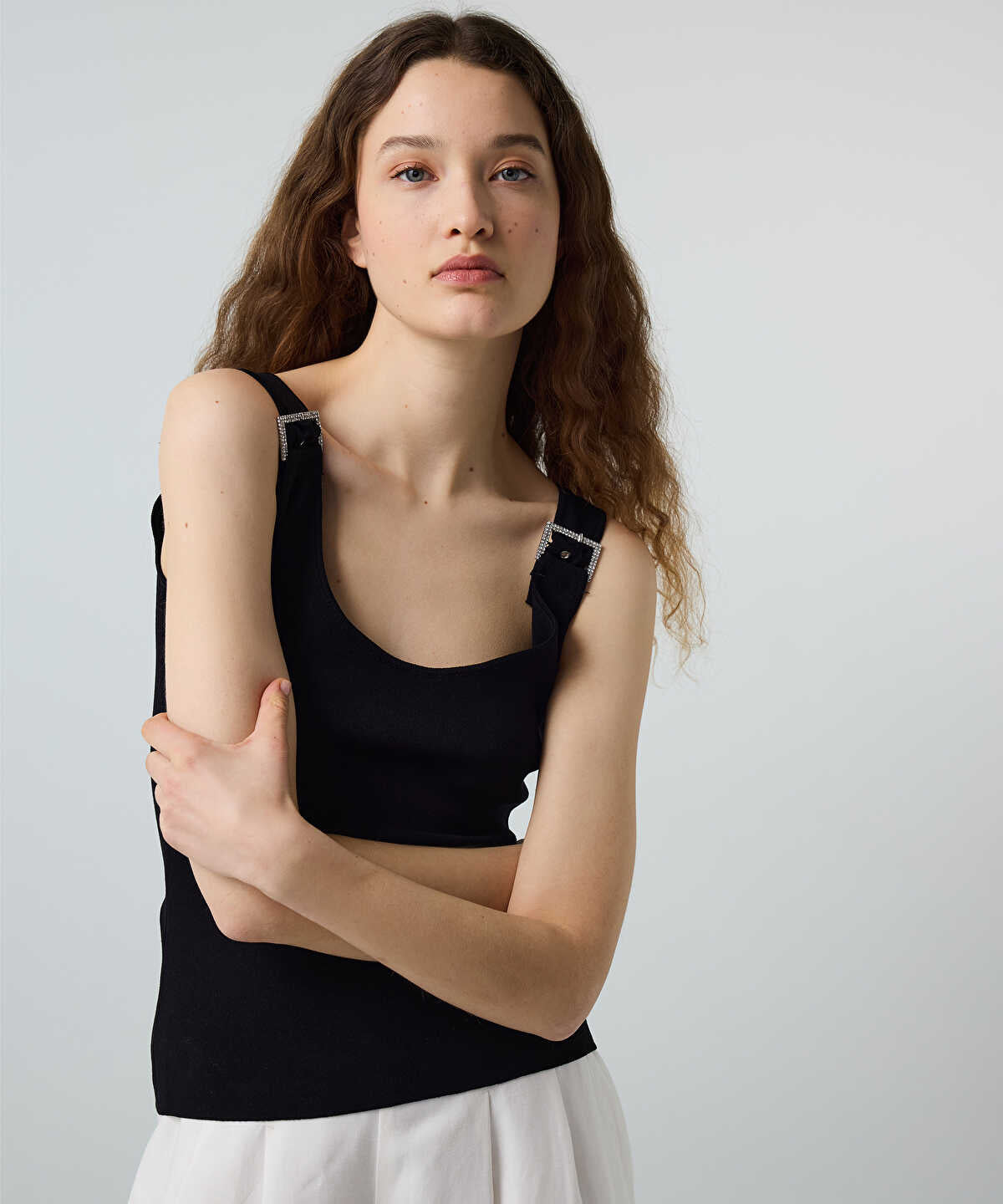 Knit Top with Rhinestone Buckles